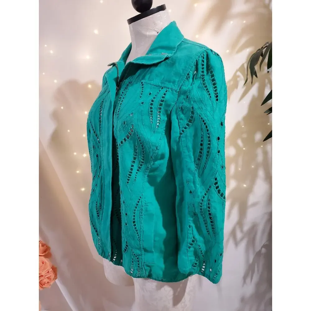 Chicos Eyelet Linen Zip Jacket Womens Size 0 US S 4 Green Natural Coastal Lace - Picture 2 of 13